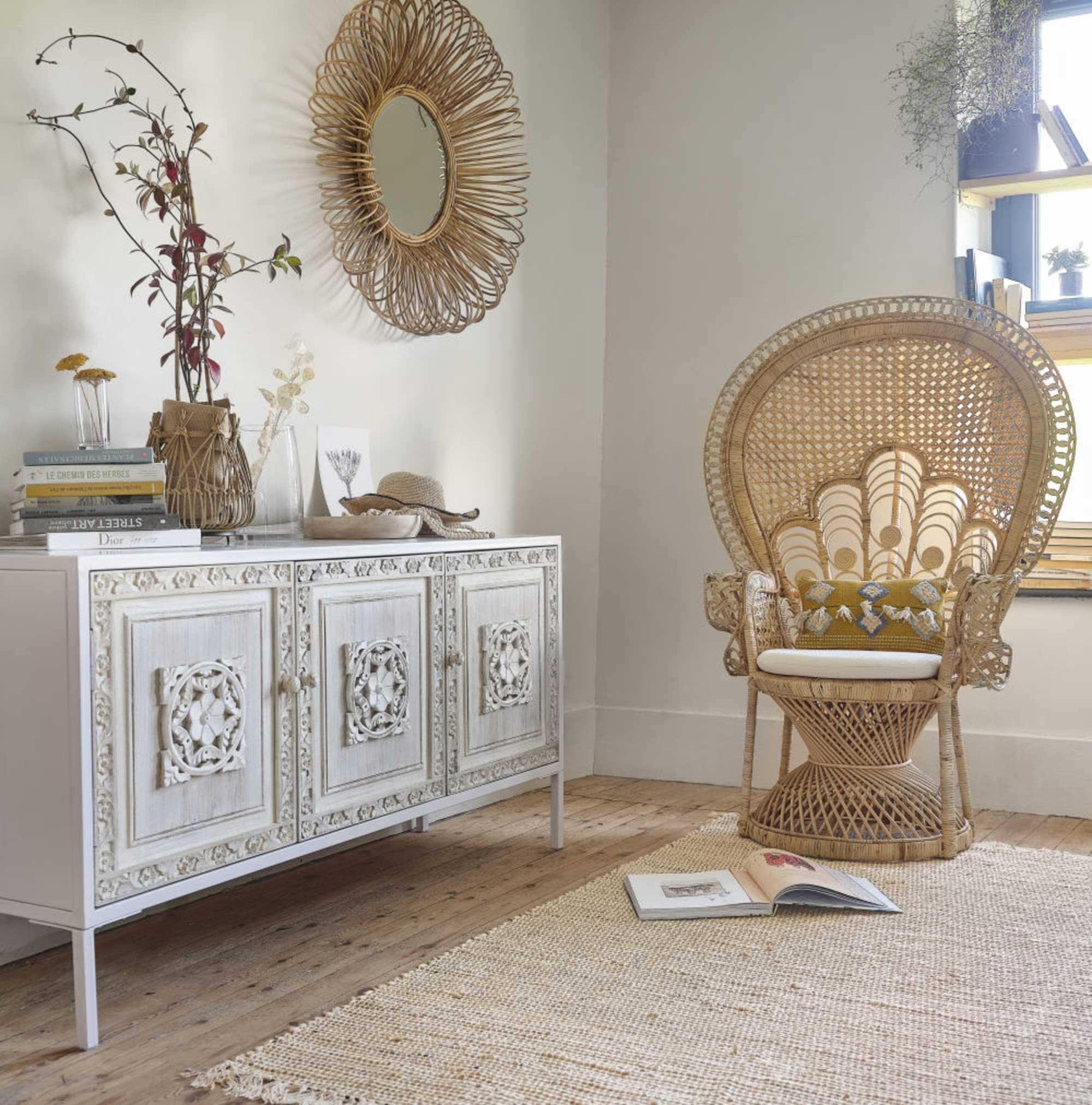 White Metal & Sculpted Mango Wood 3-Door Sideboard