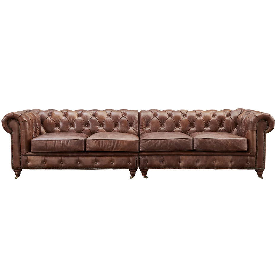 Buffalo Leather Chesterfield Sofa - Bark Brown Leather - 120"