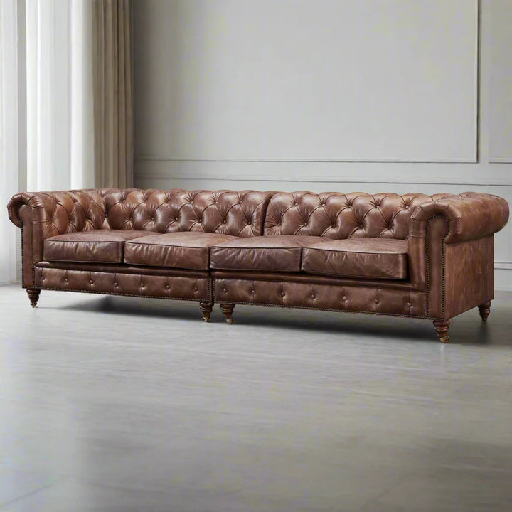 Buffalo Leather Chesterfield Sofa - Bark Brown Leather - 120"