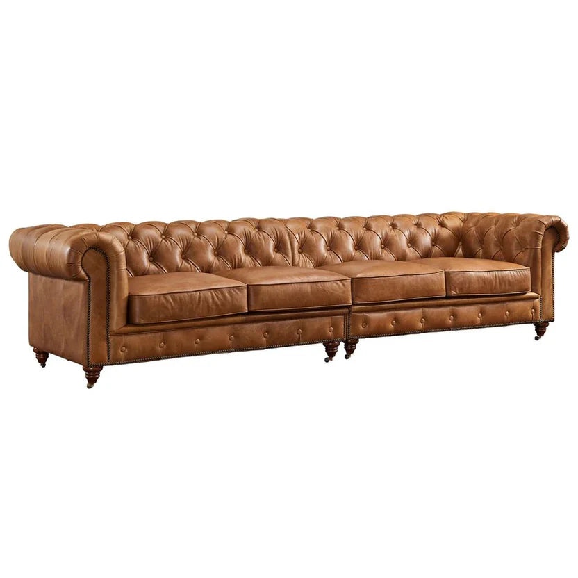 Buffalo Leather  Chesterfield Sofa - Light Brown Leather - 120"