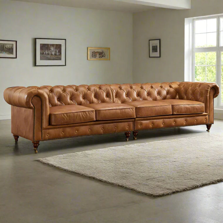 Buffalo Leather  Chesterfield Sofa - Light Brown Leather - 120"