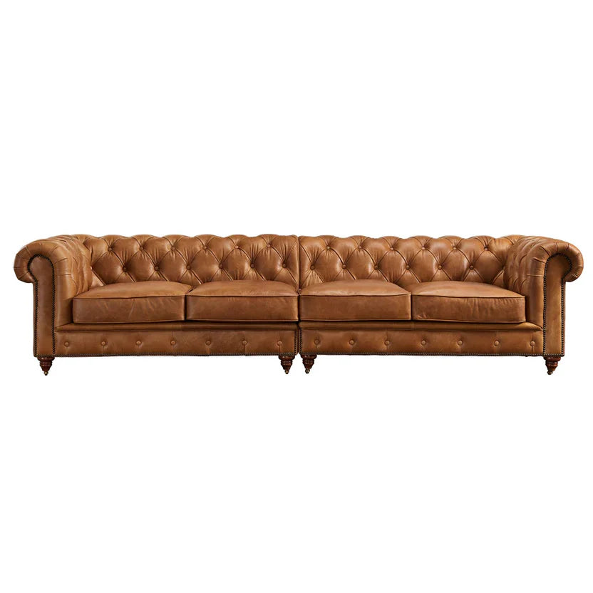 Buffalo Leather  Chesterfield Sofa - Light Brown Leather - 120"