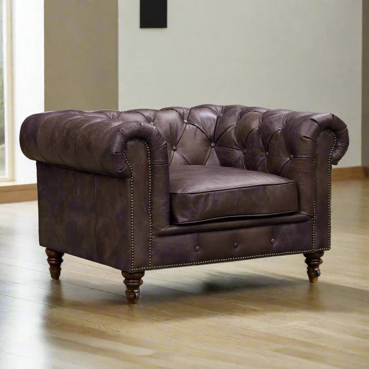 Buffalo  leather Chesterfield Arm Chair - Dark Brown Leather