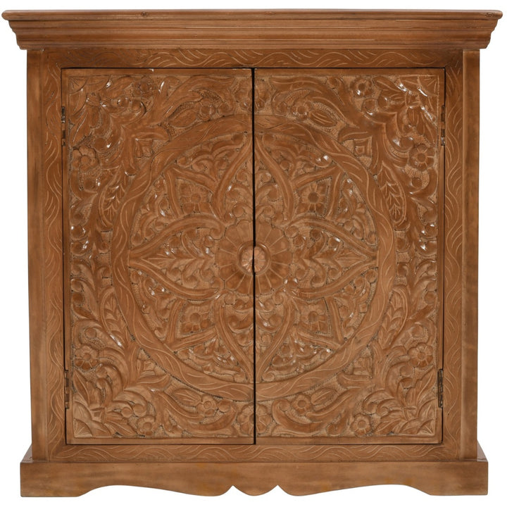 Carved Mango Wood Sideboard With 2 Doors - Brown