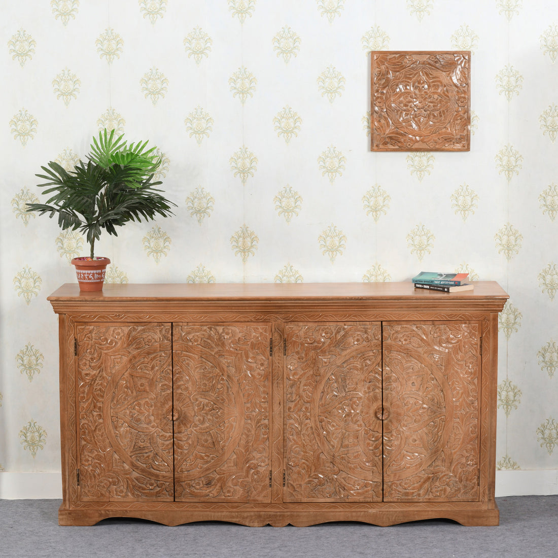 Carved Mango Wood Extra Large Sideboard with 4 Doors - Brown BY TIMBER TALES