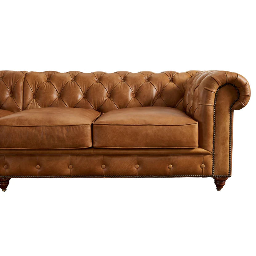 Buffalo Leather  Chesterfield Sofa - Light Brown Leather - 120"