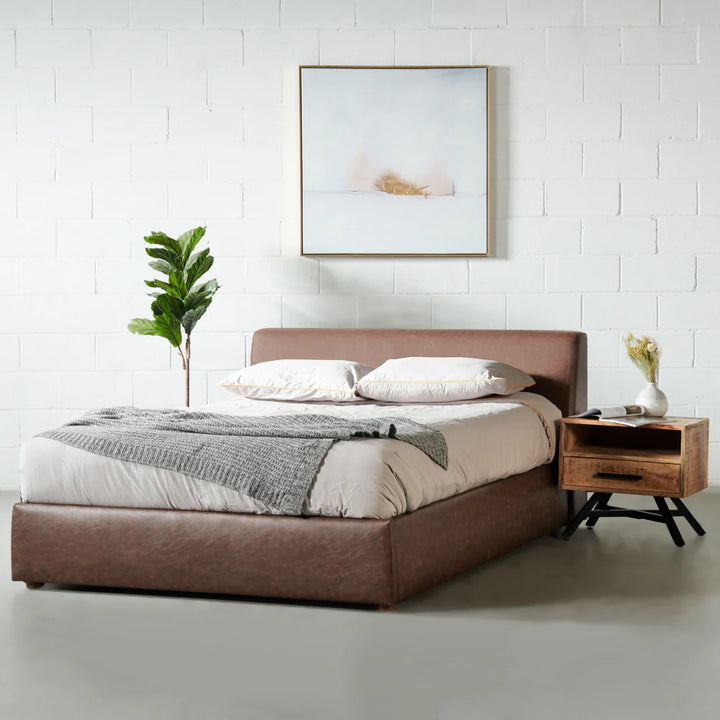 HARPER - Brown Vegan Leather Lift Up Storage Platform Bed - FINAL SALE