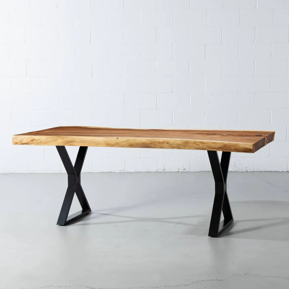 Live Edge Suar Table with Black X Shaped Legs/Natural Finish