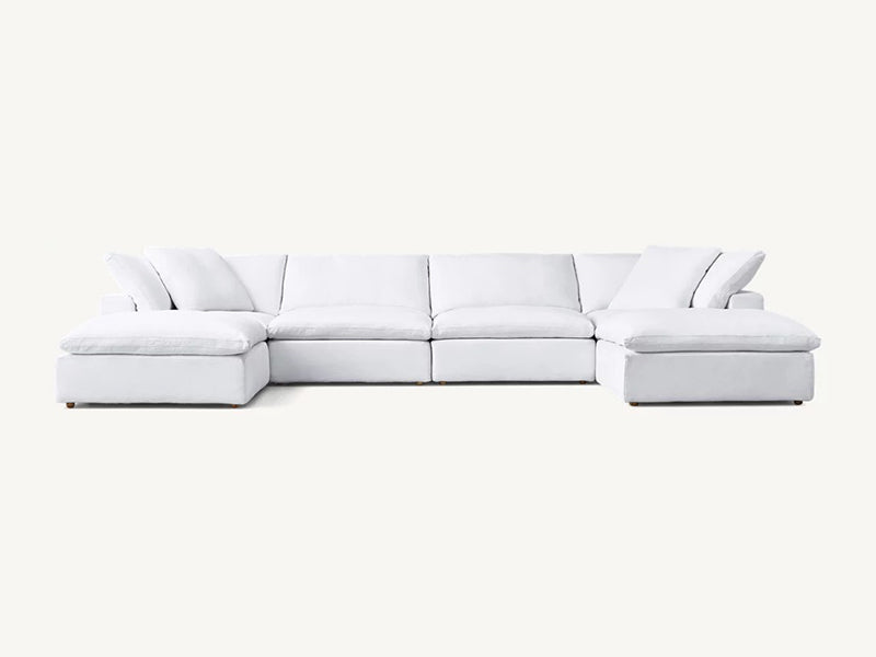 Modern White Linen Fabric and Feather Sofa with 6 Seaters