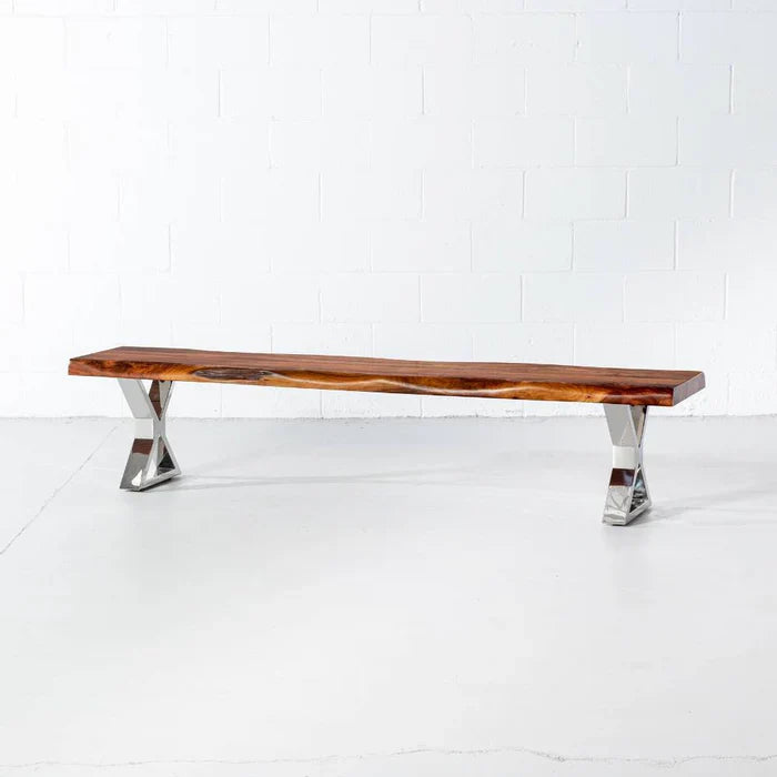 Acacia Live Edge Wood Bench with Chrome X-shaped Legs/Natural Finish