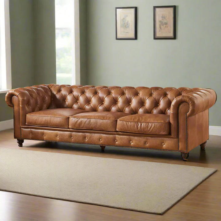 Buffalo Leather Chesterfield Sofa - Light Brown Leather