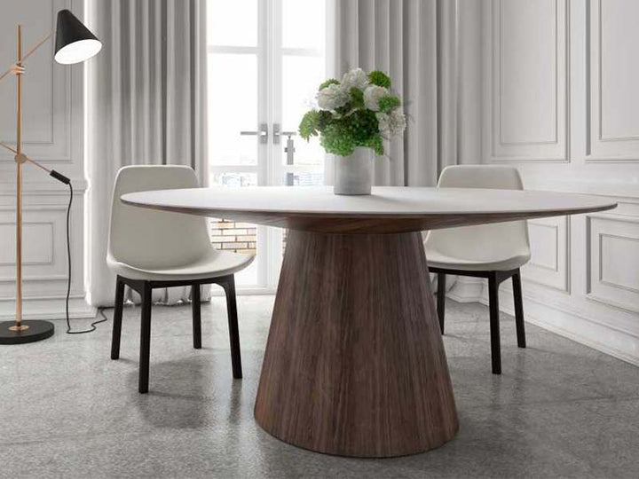 Brown Wooden Dining Table High Gloss White Lacquer with Clear Glass Top Round Dining Table