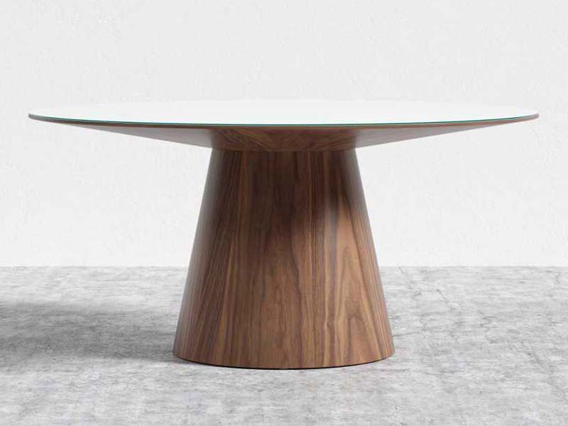 Brown Wooden Dining Table High Gloss White Lacquer with Clear Glass Top Round Dining Table