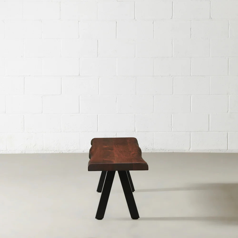 Acacia Live Edge Bench with Black Pyramid-Shaped Legs/Honey Color