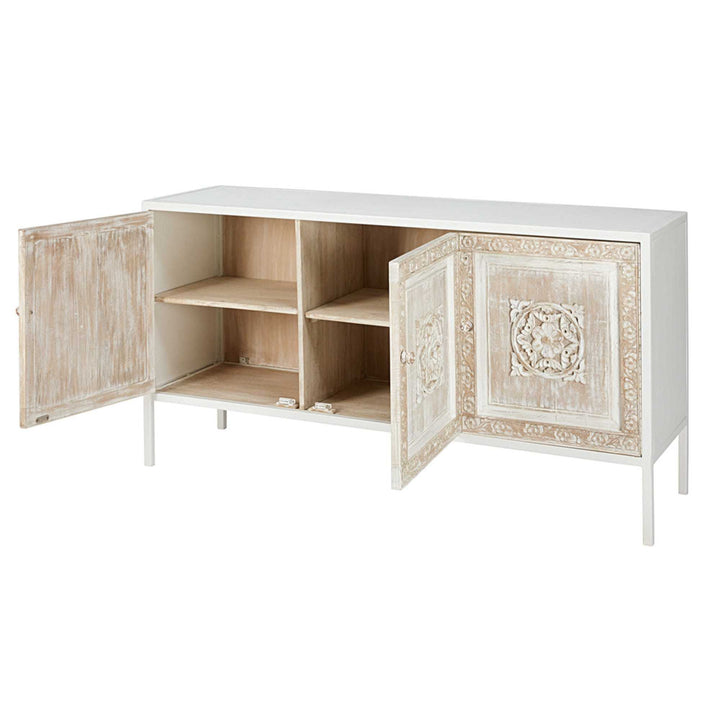 White Metal & Sculpted Mango Wood 3-Door Sideboard