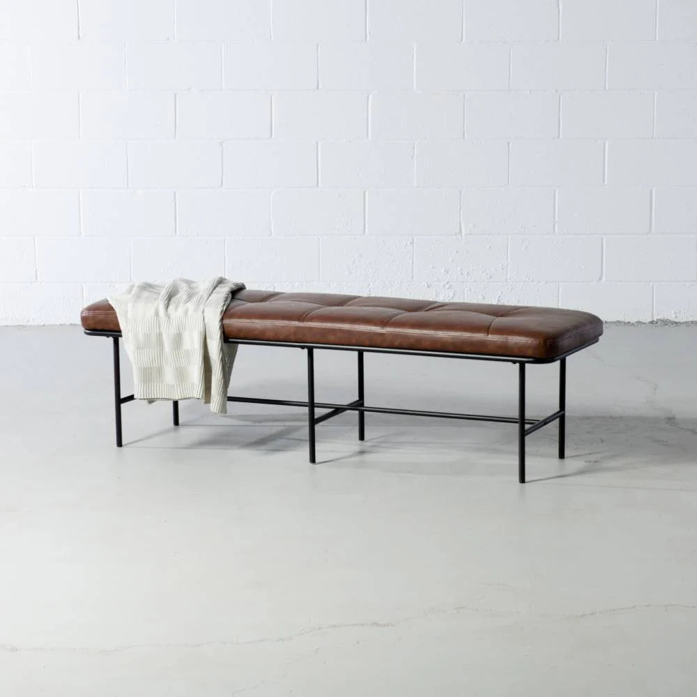 MILAN - Vintage Brown Leather Bench w/ Black Metal Legs