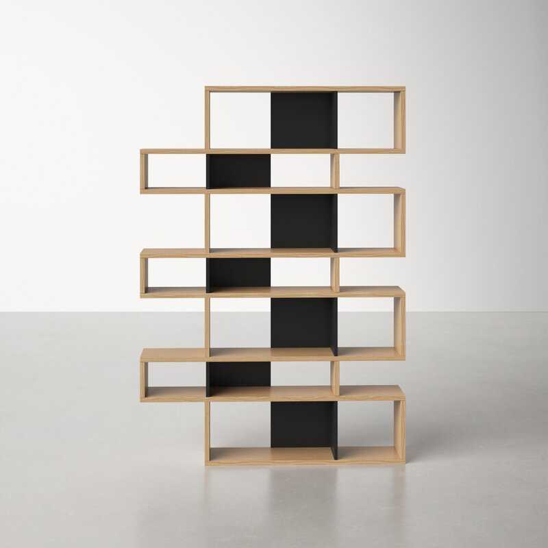 Oak and Pure Black Kamari Geometric Bookcase