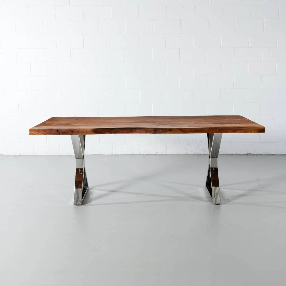 Acacia Live Edge Wood Table with Chrome X Legs/Natural Color