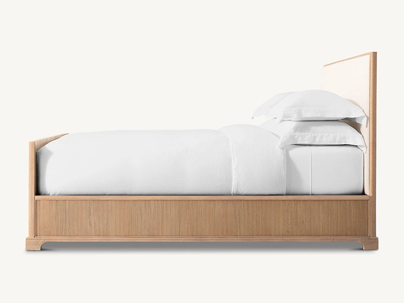 Faddish Style Wihte Fabric and Oak Solid Wood Bed Faddish Modern Style Bedroom Bed