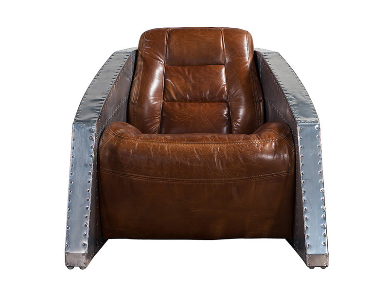 Aviator Air Plane Leather Armchair,Wood Frame+High Density Foam+Vintage Real Leather+ Stainless Steel