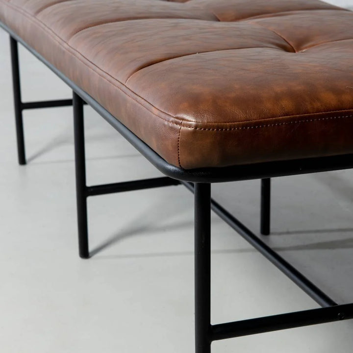 MILAN - Vintage Brown Leather Bench w/ Black Metal Legs