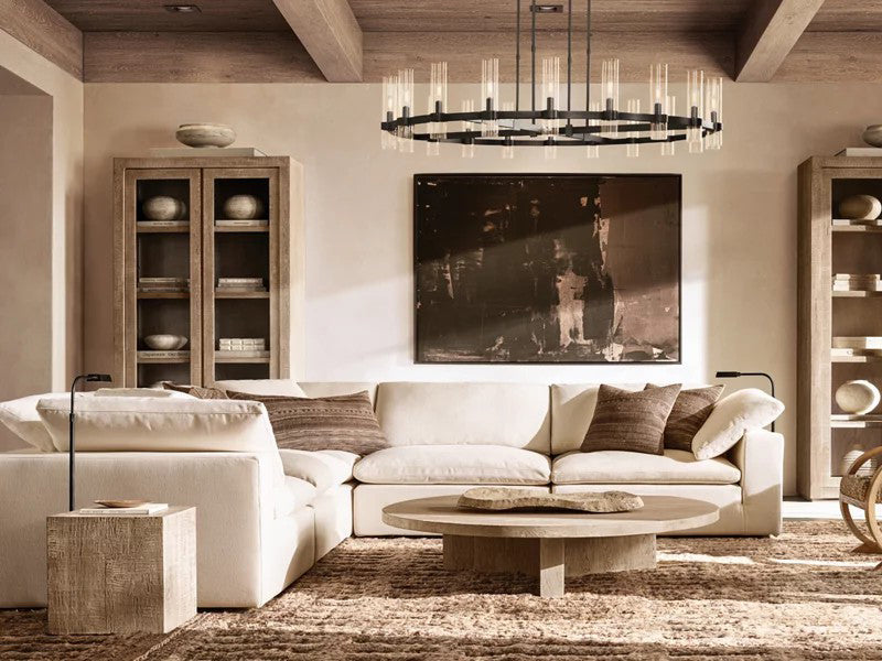 Modern White Linen Fabric and Feather Sofa with 5 Seats