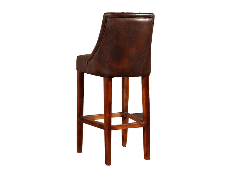 Oak Wood Tufted Back Vintage Leather Bar Stool