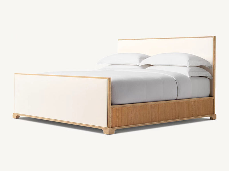Faddish Style Wihte Fabric and Oak Solid Wood Bed Faddish Modern Style Bedroom Bed