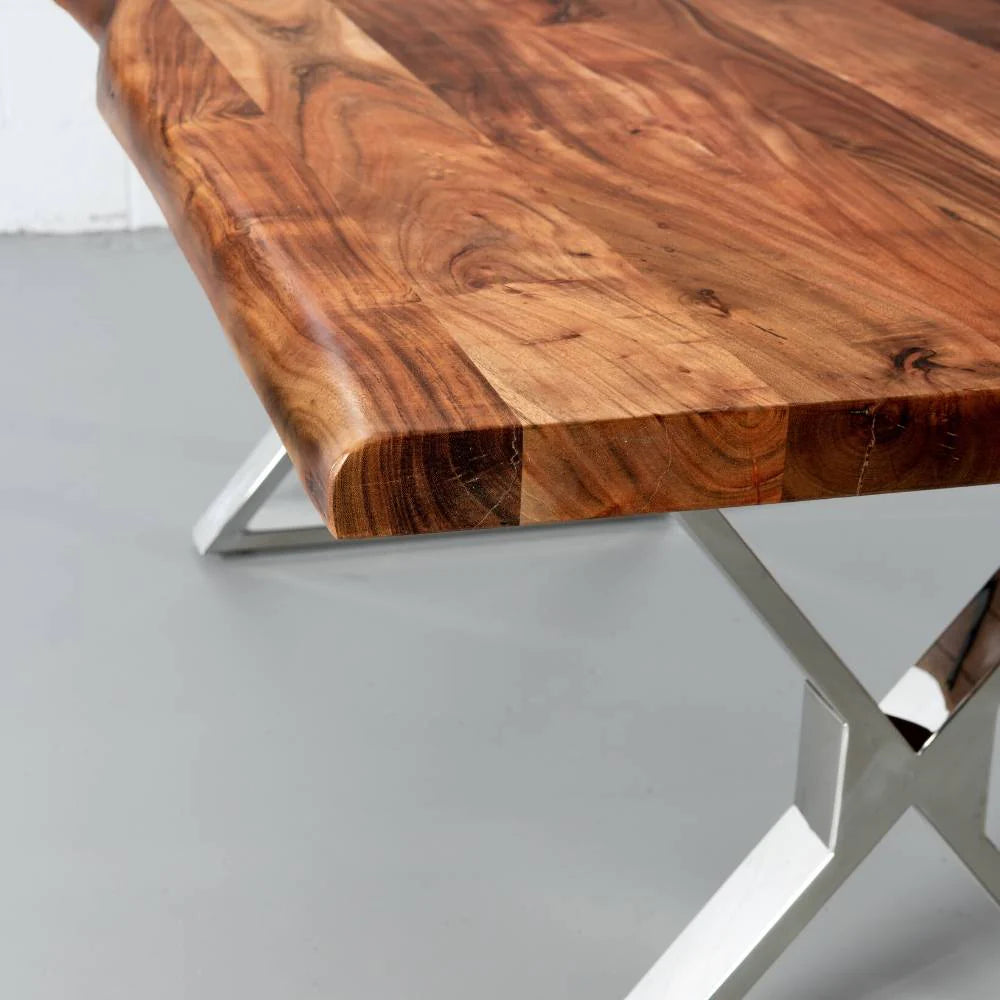 Acacia Live Edge Wood Table with Chrome X Legs/Natural Color