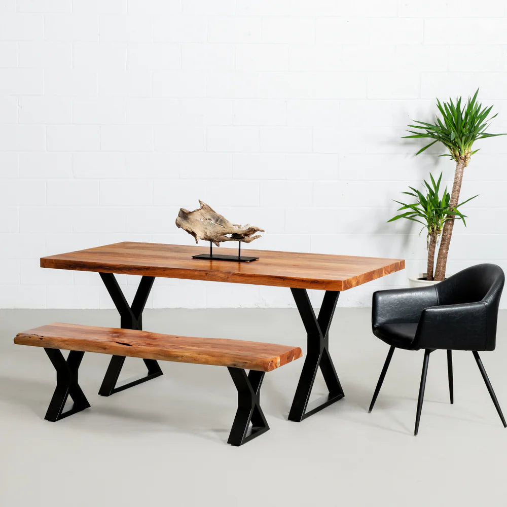 Straight Cut Acacia Dining Table With Black X-Shaped Legs/Natural Color