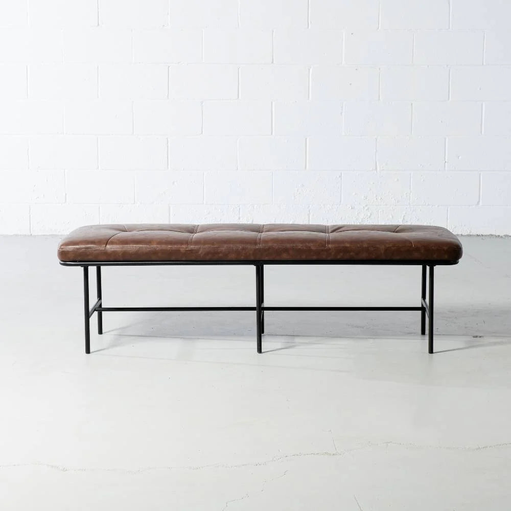 MILAN - Vintage Brown Leather Bench w/ Black Metal Legs