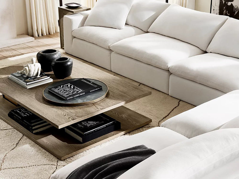 Modern White Linen Fabric and Feather Sofa with 6 Seaters