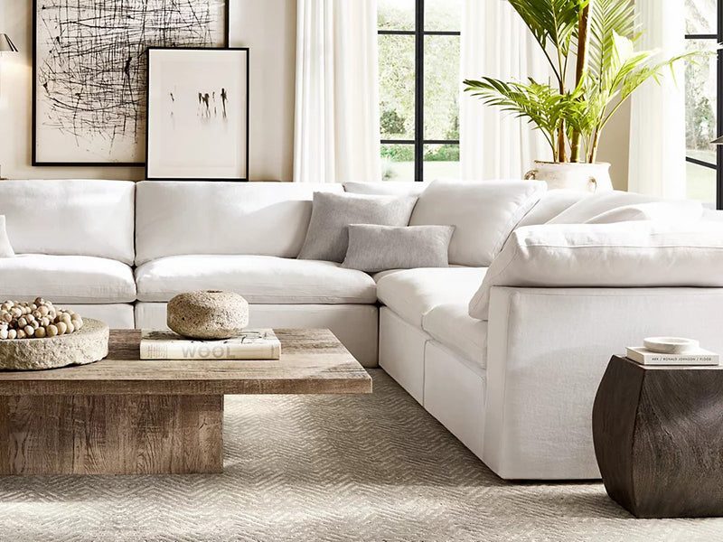 Modern White Linen Fabric and Feather Sofa with 5 Seats