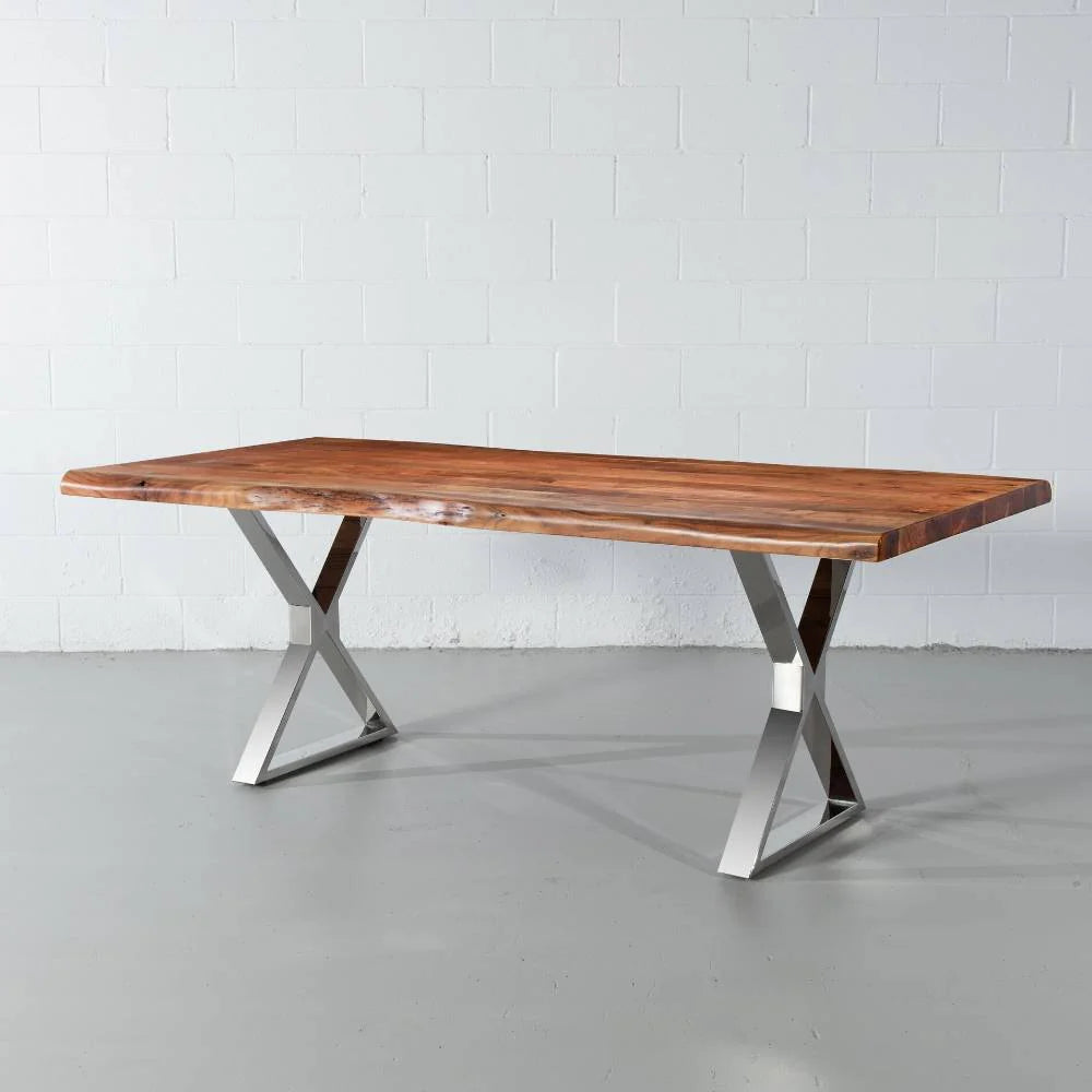 Acacia Live Edge Wood Table with Chrome X Legs/Natural Color