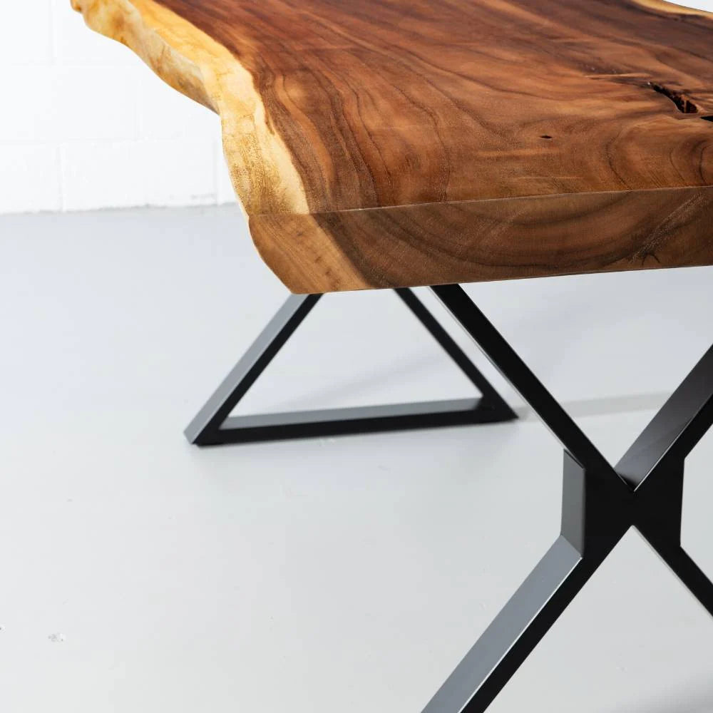 Live Edge Suar Table with Black X Shaped Legs/Natural Finish