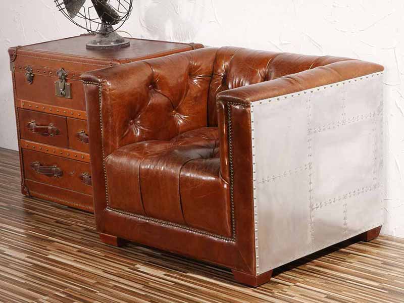 Aviator Aluminum Tufted Leather Armchair,Wood Frame+High Density Foam+Vintage Real Leather+ Aluminum Cover
