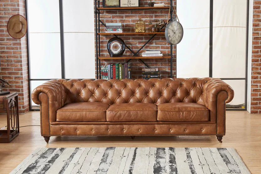 Buffalo Leather Chesterfield Sofa - Light Brown Leather