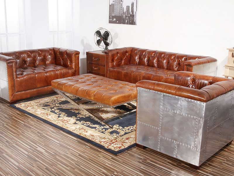 Aviator Aluminum Tufted Leather Armchair,Wood Frame+High Density Foam+Vintage Real Leather+ Aluminum Cover