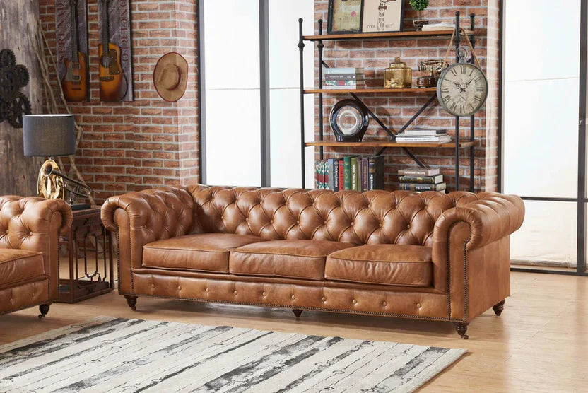 Buffalo Leather Chesterfield Sofa - Light Brown Leather