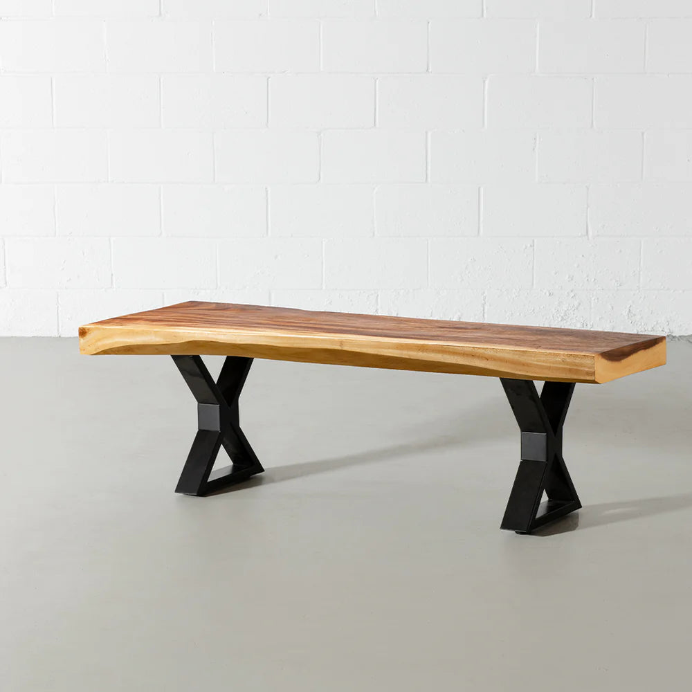 Suar Live Edge Wood Bench with Black X-shaped Legs/Natural