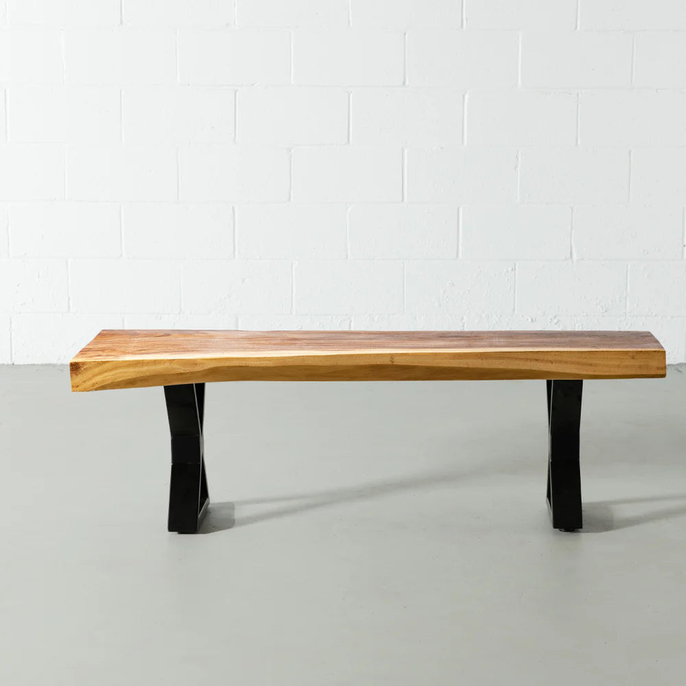 Suar Live Edge Wood Bench with Black X-shaped Legs/Natural