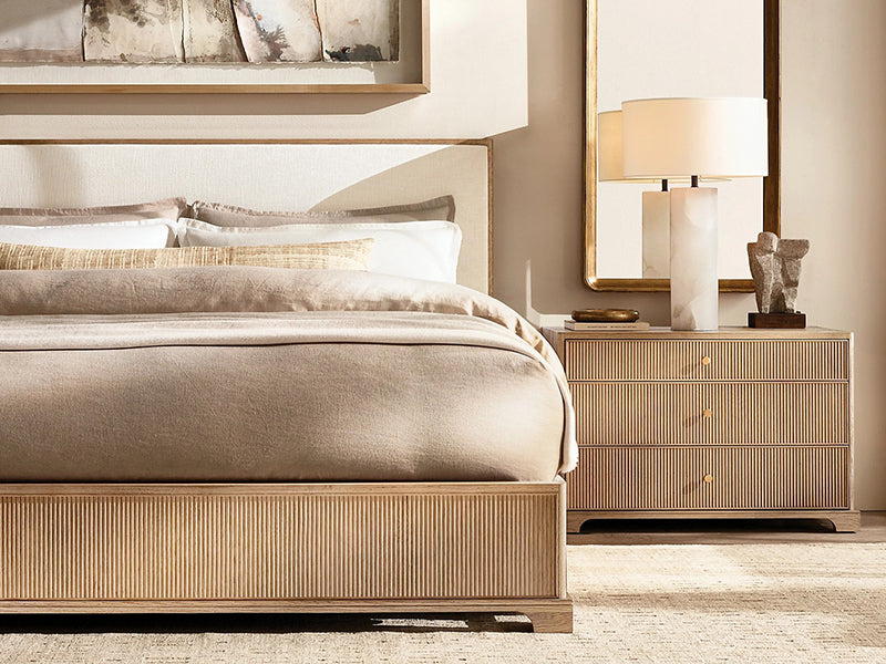 Defaico Striped Style Oak Solid Wood and Fabric Bed Faddish Modern Style Bedroom Bed