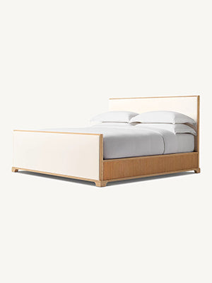 Faddish Style Wihte Fabric and Oak Solid Wood Bed Faddish Modern Style Bedroom Bed
