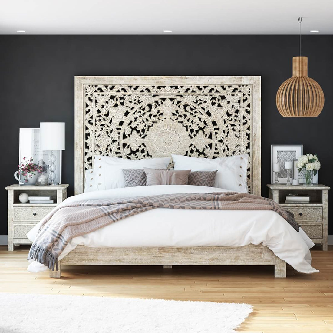 Hand-carved Platform Bed With Moroccan Style Headboard