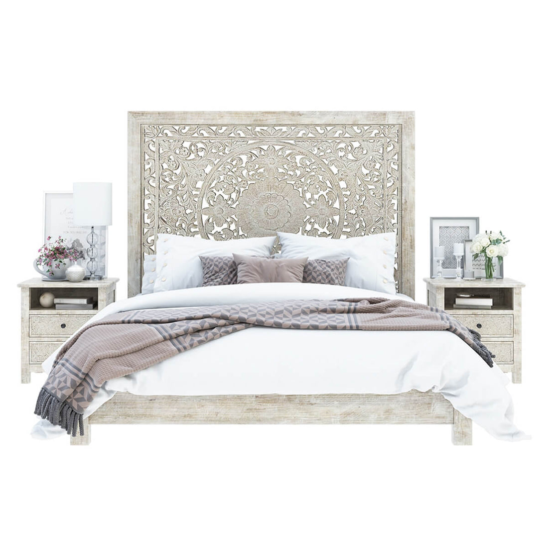 Hand-carved Platform Bed With Moroccan Style Headboard