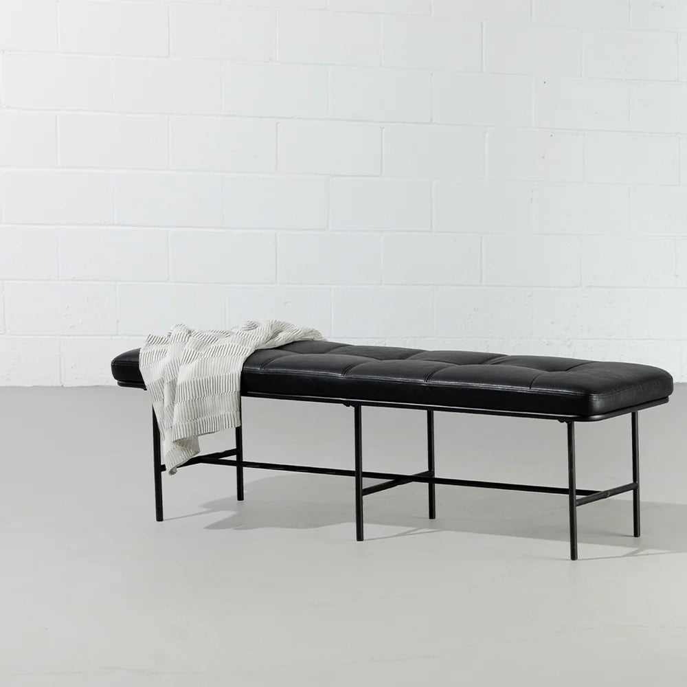 MILAN - Vintage Black Leather Bench w/ Black Metal Legs