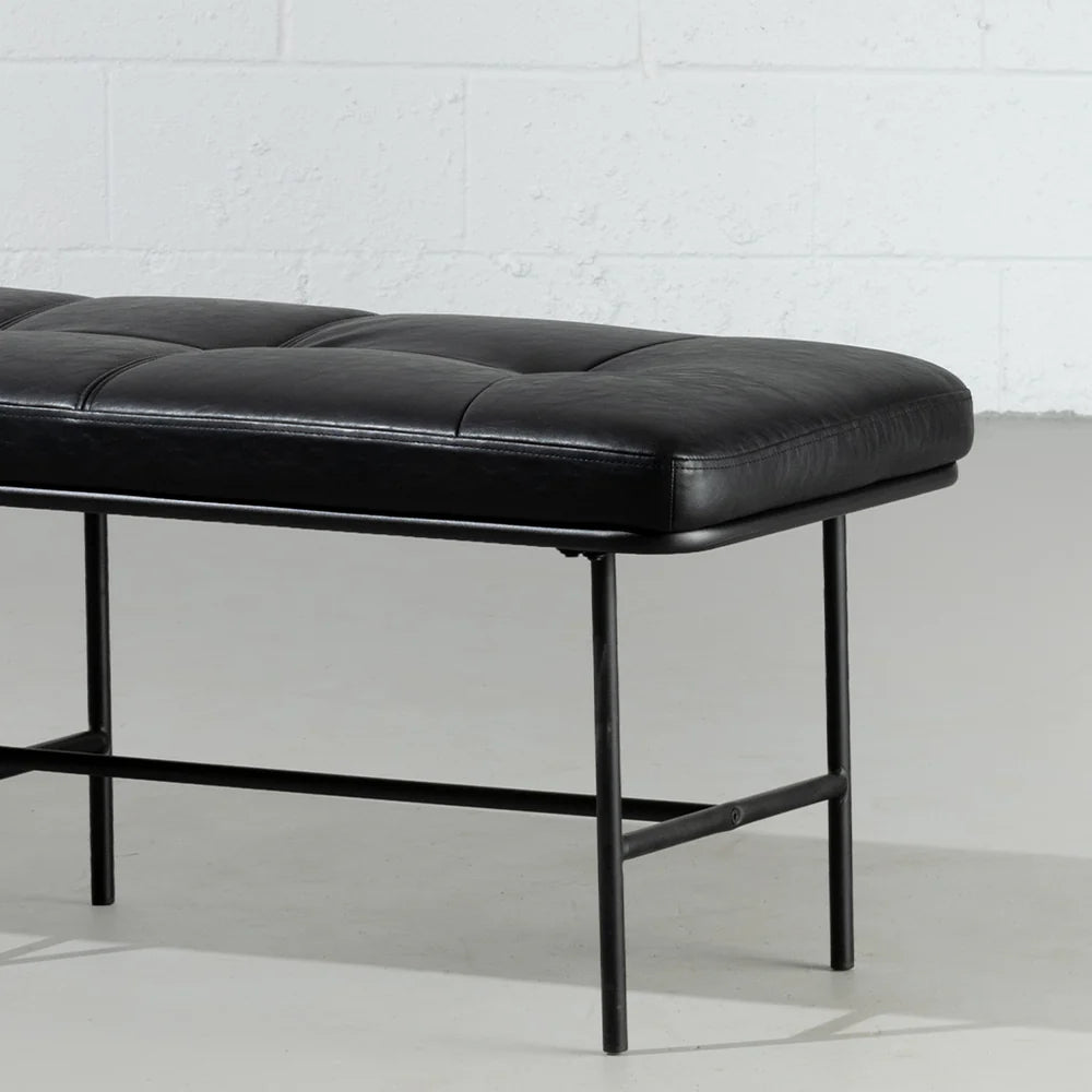 MILAN - Vintage Black Leather Bench w/ Black Metal Legs