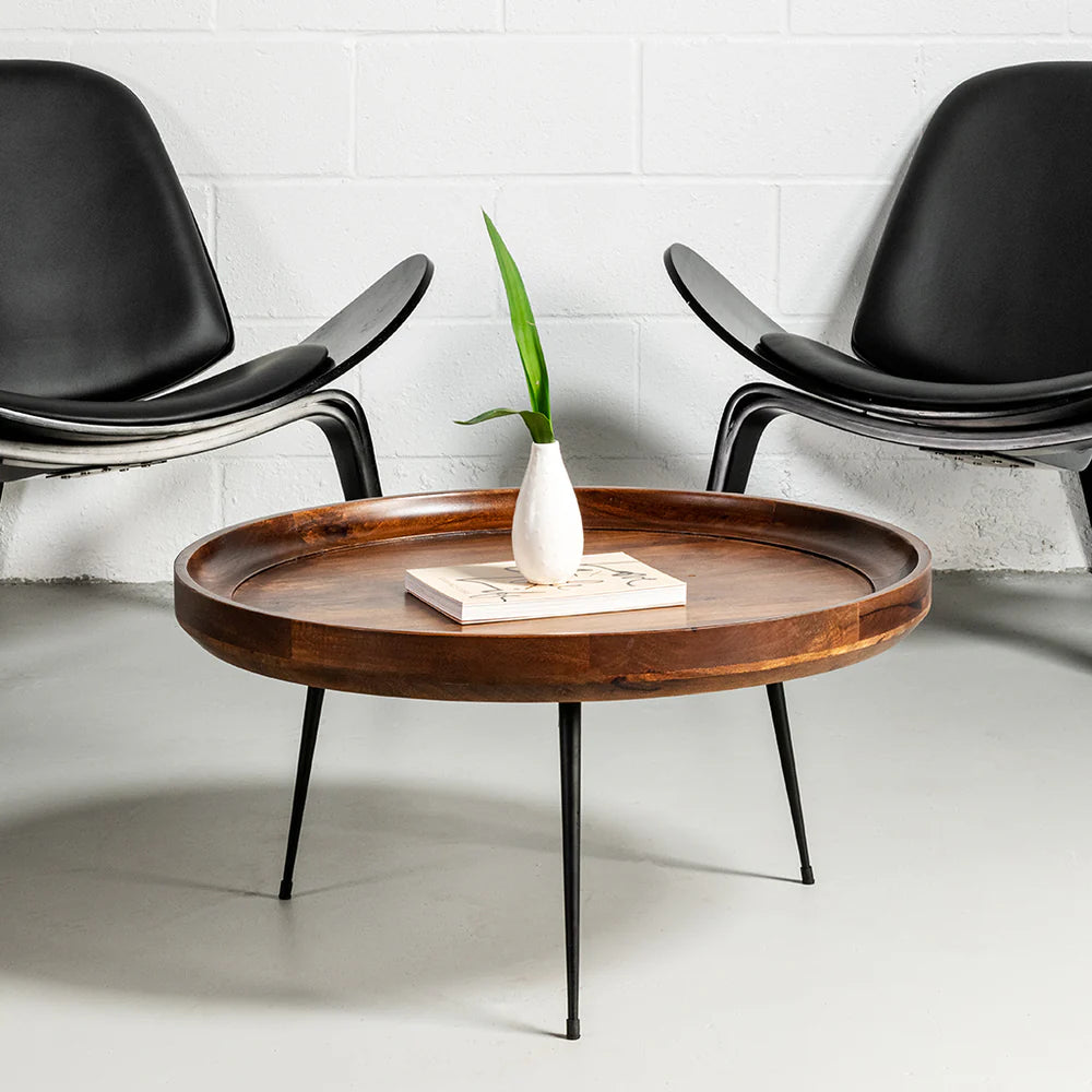 SELMA - Walnut Mango Wood Modern Round Coffee Table With Metal Legs