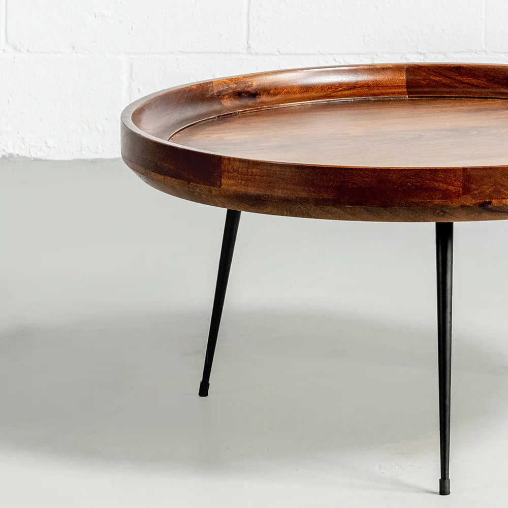 SELMA - Walnut Mango Wood Modern Round Coffee Table With Metal Legs