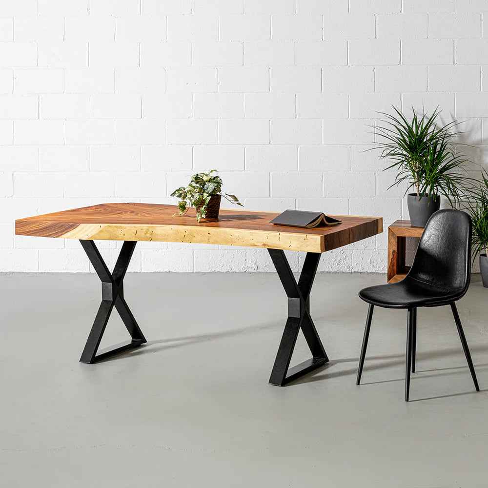 Live Edge Suar Table with Black X Shaped Legs/Natural Finish